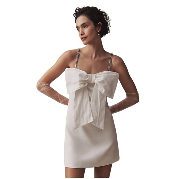 BHLDN White Mini Cocktail Dress Size L Bridal Anthropologie Bow Crystal Strap - Picture 1 of 8